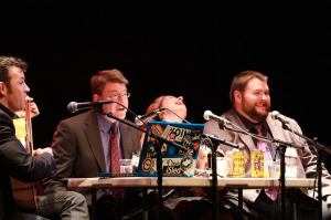 This is the precise moment where Geoffrey and I delivered the punchline from the new verse to the Geeks Without God Theme song.  Nick and Molly were kind enough to laugh.