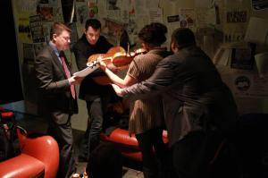 Geoffrey, Molly and I were practicing a song called "Radio is a Moribund Art Form."  It's very sad.  So Nick decided to loosen Molly up a little bit. Liquor + Comedians = Sexual harassment lawsuits!